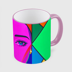 Кружка 3D Девушка с голубыми глазами и фиолетовым лицом, цвет: 3D-розовый кант