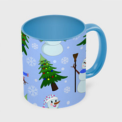 Кружка 3D Снеговики с новогодними елками паттерн, цвет: 3D-белый + небесно-голубой