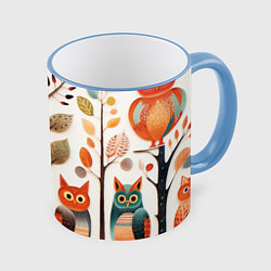 Кружка 3D Совы в осеннем лесу в стиле фолк-арт, цвет: 3D-небесно-голубой кант