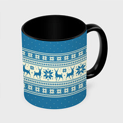 Кружка 3D Sweater with deer on a blue background, цвет: 3D-белый + черный