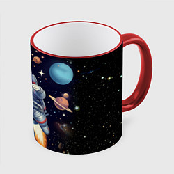 Кружка 3D Крутой котик в открытом космосе - нейросеть, цвет: 3D-красный кант