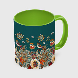 Кружка 3D Индийский орнамент с птицами, цвет: 3D-белый + светло-зеленый