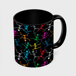 Кружка 3D Разноцветные танцующие скелетики, цвет: 3D-белый + черный