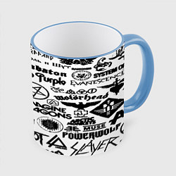 Кружка 3D Логотипы лучших групп черно белый, цвет: 3D-небесно-голубой кант