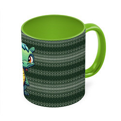 Кружка 3D Зеленый дракон на вязанном фоне, цвет: 3D-белый + светло-зеленый