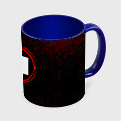 Кружка 3D Символ GTA 6 и краска вокруг на темном фоне, цвет: 3D-белый + синий