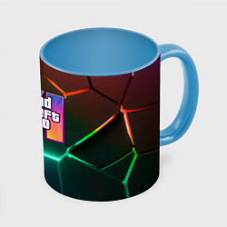Кружка 3D GTA 6 лого на фоне разлома разноцветных плит, цвет: 3D-белый + небесно-голубой