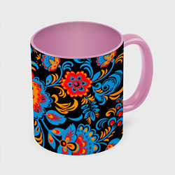 Кружка 3D Хохломская роспись разноцветные цветы на чёроном ф, цвет: 3D-белый + розовый