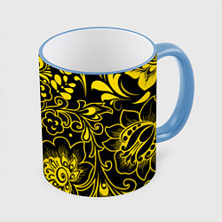 Кружка 3D Хохломская роспись золотые цветы на чёроном фоне, цвет: 3D-небесно-голубой кант