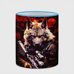 Кружка 3D Волк солдат в красном лесу, цвет: 3D-небесно-голубой кант — фото 2