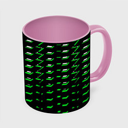 Кружка 3D Зелёно-белые полосы на чёрном фоне, цвет: 3D-белый + розовый