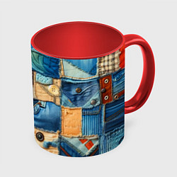 Кружка 3D Vanguard denim patchwork - ai art, цвет: 3D-белый + красный