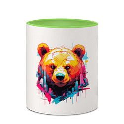 Кружка 3D Мишка в городе: голова медведя на фоне красочного, цвет: 3D-белый + светло-зеленый — фото 2