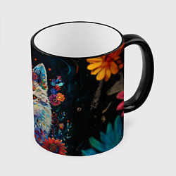 Кружка 3D Белый волк с цветами акварелью, цвет: 3D-черный кант