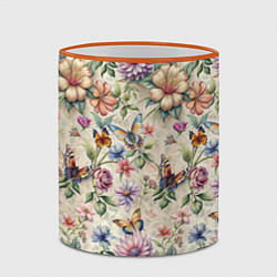 Кружка 3D Летний узор с цветами и бабочками, цвет: 3D-оранжевый кант — фото 2