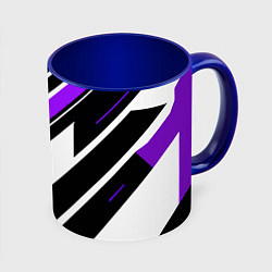 Кружка 3D Фиолетово-белые полосы на чёрном фоне, цвет: 3D-белый + синий