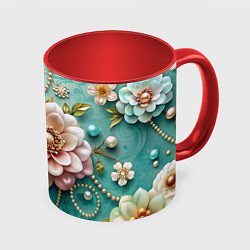 Кружка 3D Объемные цветы и жемчуг, цвет: 3D-белый + красный