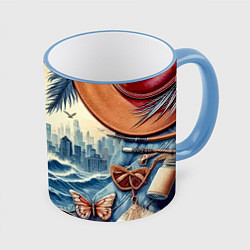 Кружка 3D Коллаж с видом Нью-Йорка - нейросеть, цвет: 3D-небесно-голубой кант