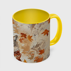 Кружка 3D Осенний волк, цвет: 3D-белый + желтый