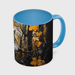 Кружка 3D Благородный волк в осеннем лесу, цвет: 3D-белый + небесно-голубой