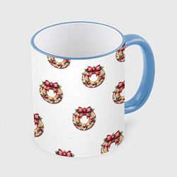 Кружка 3D Много новогодних пончиков с бантиком и ягодами, цвет: 3D-небесно-голубой кант