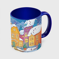 Кружка 3D Заснеженный рисованный городок, цвет: 3D-белый + синий