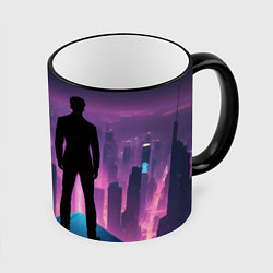 Кружка 3D Человек смотрящий на ночной мегаполис, цвет: 3D-черный кант