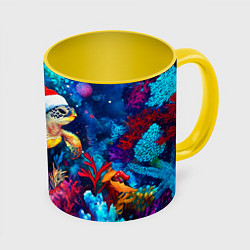 Кружка 3D Морская черепаха в шапке Санты, цвет: 3D-белый + желтый