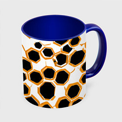 Кружка 3D Чёрно-жёлтые шестиугольники на белом фоне, цвет: 3D-белый + синий