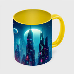 Кружка 3D Neon metropolis in the future - ai art fantasy, цвет: 3D-белый + желтый