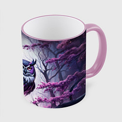 Кружка 3D Черно фиолетовая сова сидит на ветке, цвет: 3D-розовый кант