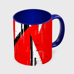 Кружка 3D Чёрно-белые вертикальные полосы на красном фоне, цвет: 3D-белый + синий