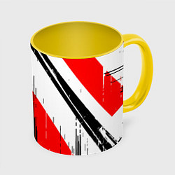 Кружка 3D Вертикальные чёрные линии на красно-белом фоне, цвет: 3D-белый + желтый