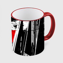 Кружка 3D Чёрно-белые абстрактные линии на красном фоне, цвет: 3D-красный кант