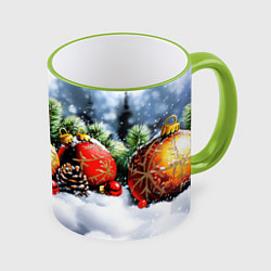 Кружка 3D Красные и желтый новогодние шары, цвет: 3D-светло-зеленый кант