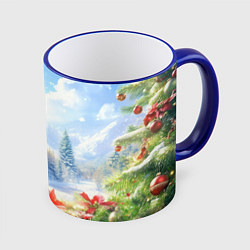 Кружка 3D Новогодний дневной пейзаж, цвет: 3D-синий кант