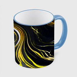 Кружка 3D Волнистые бело-жёлтые линии на чёрном фоне, цвет: 3D-небесно-голубой кант