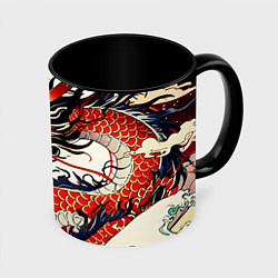 Кружка 3D Красный дракон в японском стиле ирезуми, цвет: 3D-белый + черный