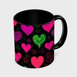 Кружка 3D Сердечки на черном, цвет: 3D-белый + черный