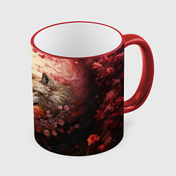 Кружка 3D Волк и волчица в бутонах цветов, цвет: 3D-красный кант