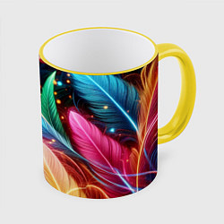 Кружка 3D Яркие красочные неоновые перья, цвет: 3D-желтый кант