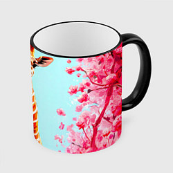 Кружка 3D Жираф в розовых кустах, цвет: 3D-черный кант