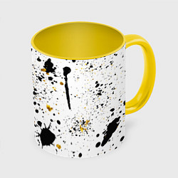 Кружка 3D Черные и золотистые пятна краски на белом фоне, цвет: 3D-белый + желтый