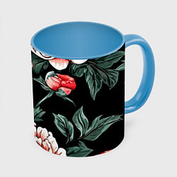 Кружка 3D Пионы винтажный узор, цвет: 3D-белый + небесно-голубой