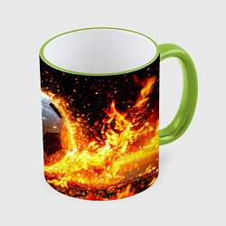 Кружка 3D Футбольный мяч в огне, цвет: 3D-светло-зеленый кант