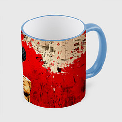 Кружка 3D Брюс Ли на красном, цвет: 3D-небесно-голубой кант