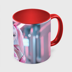 Кружка 3D Девушка с розовыми волосами в латексном костюме, цвет: 3D-белый + красный