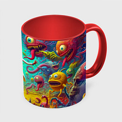Кружка 3D Рик Санчес в компании отвязных чудищ - нейроарт фа, цвет: 3D-белый + красный