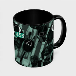 Кружка 3D Номер 456 на фоне масок игры в кальмара, цвет: 3D-белый + черный