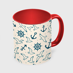 Кружка 3D Морской паттерн из штурвалов, чаек и якорей, цвет: 3D-белый + красный